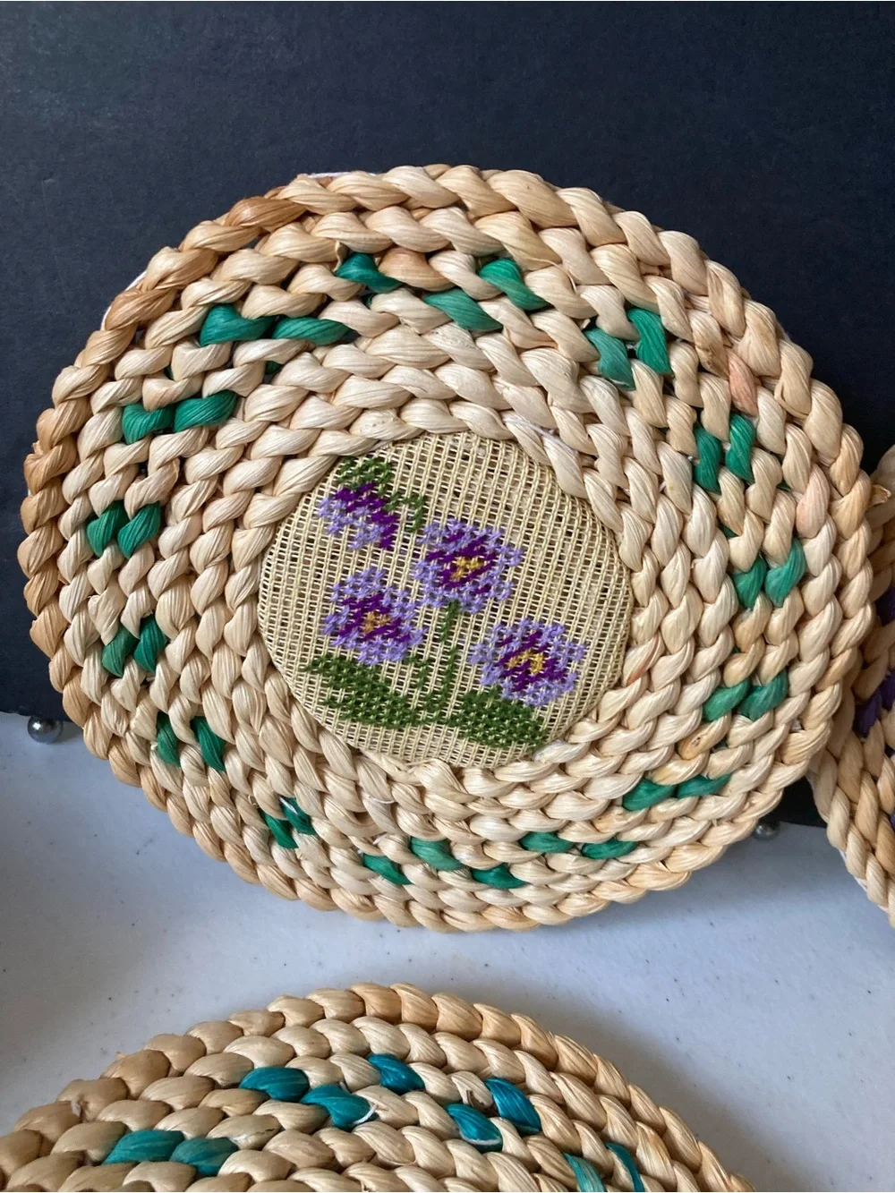 Rattan Handmade Woven Floral Trivets Coasters Floral Needlepoint - Set of 4